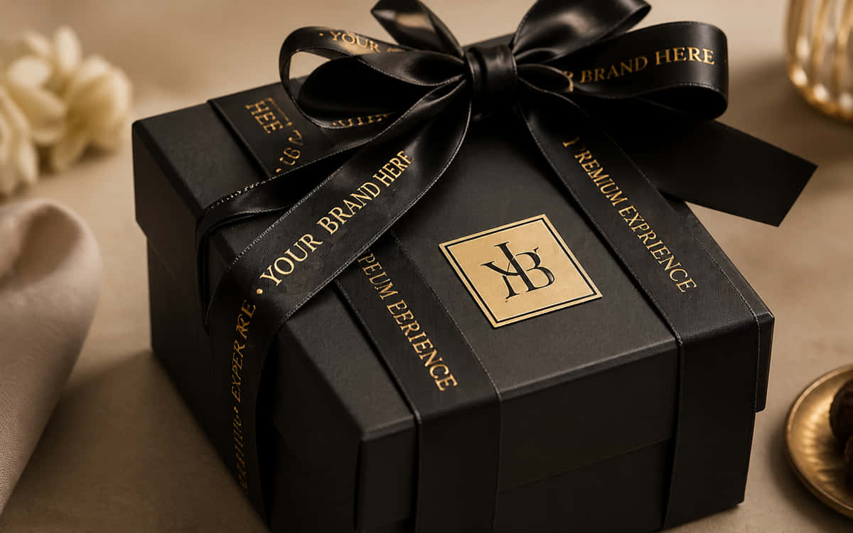 Branded corporate gift box with ribbon