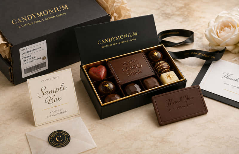 Candymonium sample box with custom logo chocolate and premium packaging